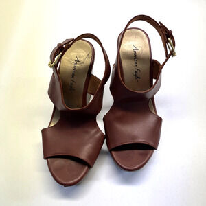 AMERICAN EAGLE Womens Size 8.5 Wedge Faux Wood Platform Open Toe Brown Sandals